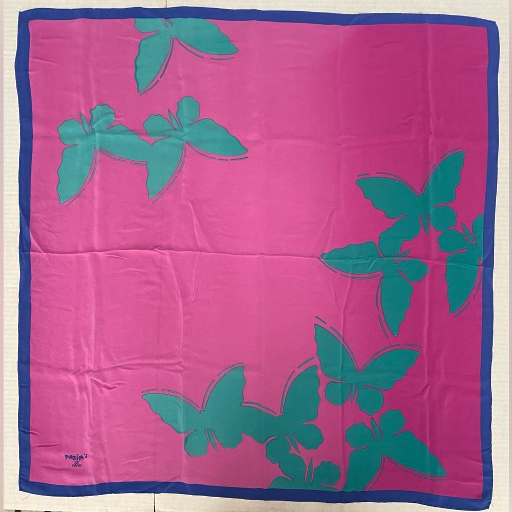 Maxim’s De Paris Silk Pink Ombré 33” Square Butterfly Scarf w/Blue Border - Picture 16 of 16